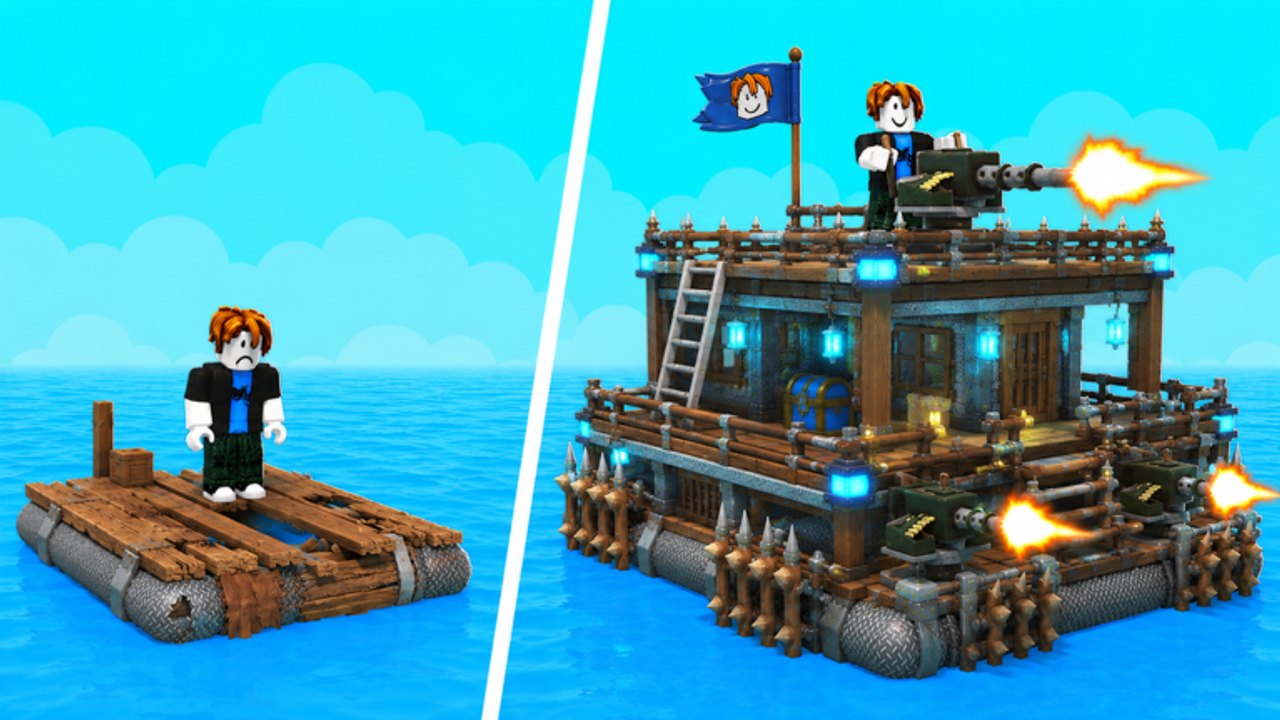 Starter wooden raft beside a fortified cannon raft in Build and Defend Your Raft on Roblox