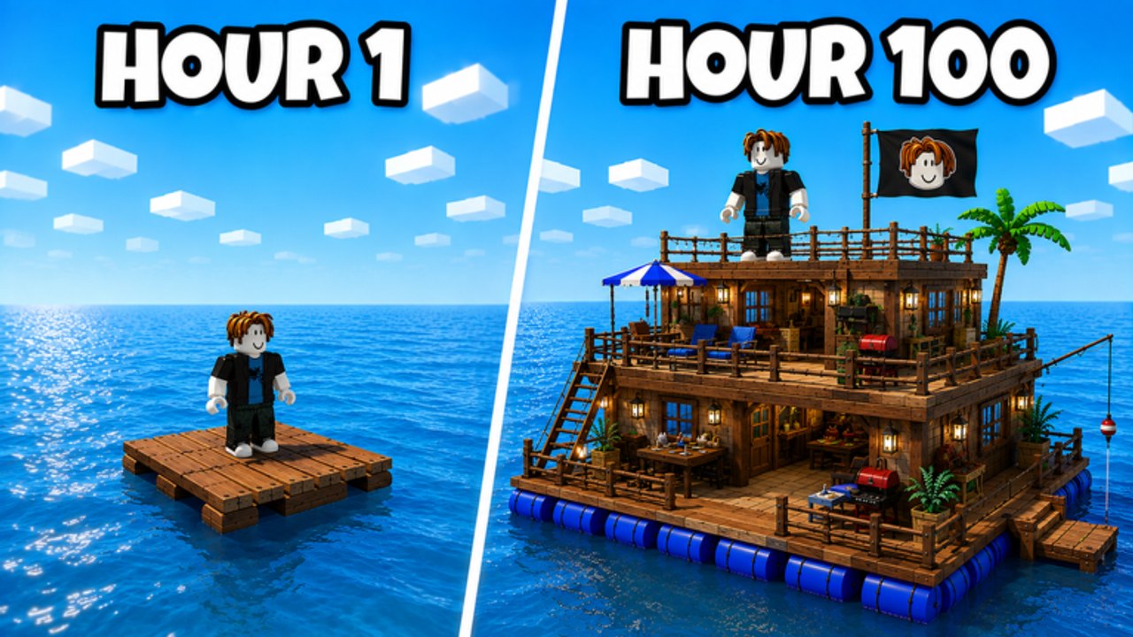 Hour 1 plank raft compared with a decorated Hour 100 multi-story raft on open ocean